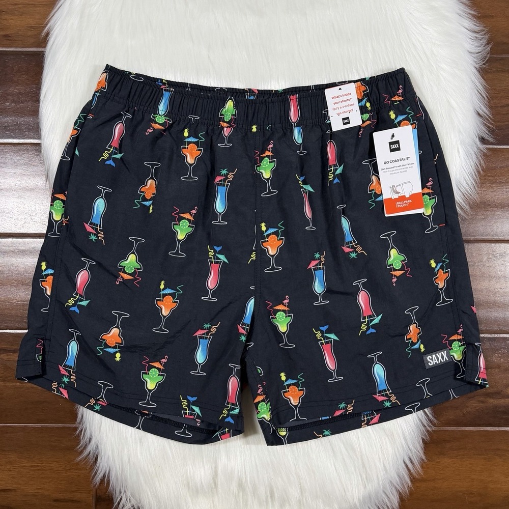 Saxx Men's Size XL Black Drink Print Go Coastal 2N1 Volley Swim Trunk Shorts